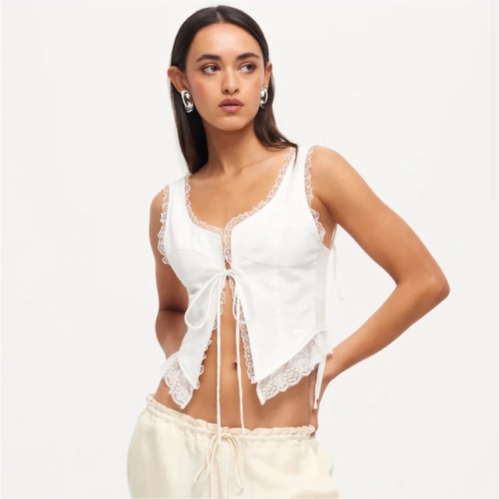 Lioness White Lace-Trim Tie-Front Tank